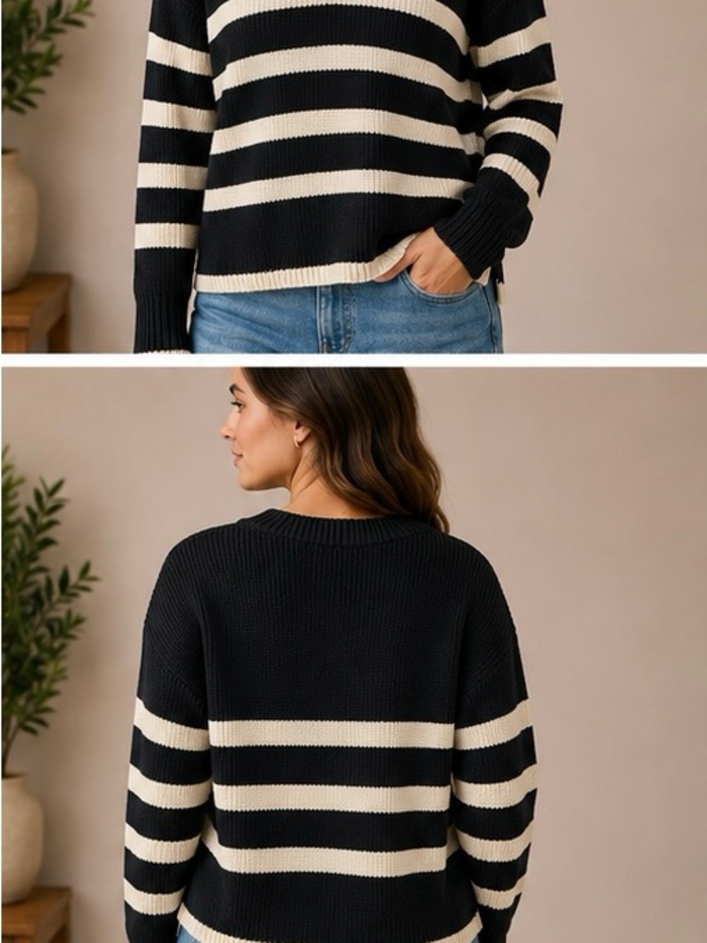 KAFFE Striped V-Neck Knit Sweater Women’s Small Navy Cream Chunky Pullover Cozy - Picture 2 of 6